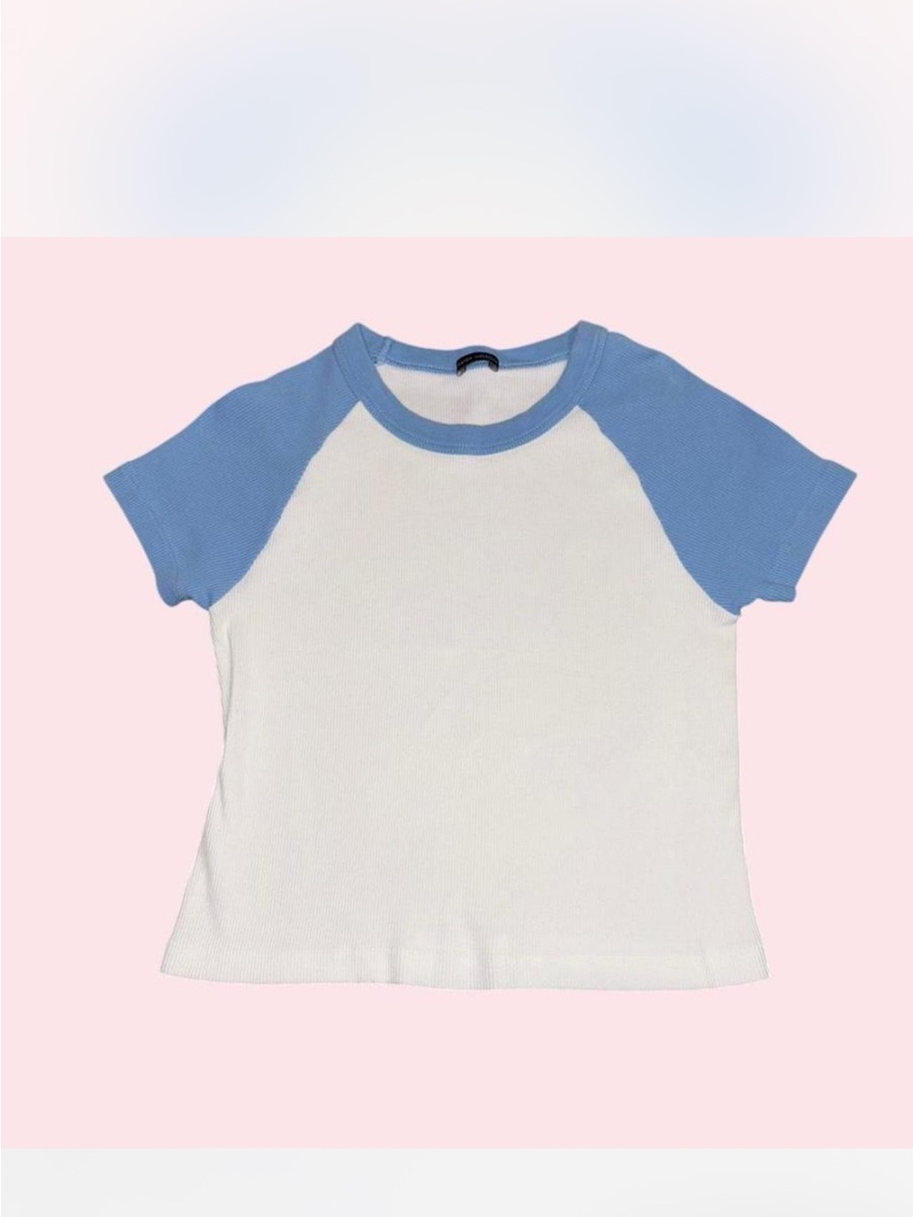 Brandy Melville White Tee with Light Blue Raglan Sleeves